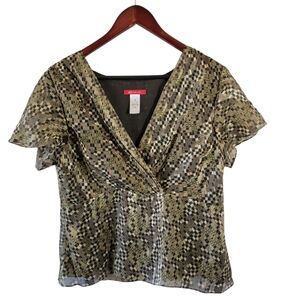 Anne Klein Multicolored Geometric Silk Blouse Sz 14 Overlay Pleated Old Money